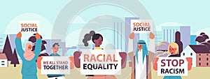 Mix race activists holding stop racism posters racial equality social justice stop discrimination concept