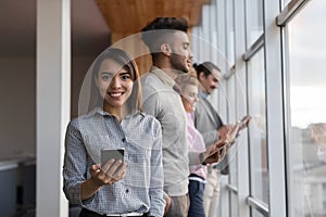 Mix Race Business Man Woman Group Using Cell Smart Phone Stand In Front Panoramic Window Happy Smiling Businesspeople