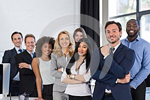 Mix Race Business People Group Standing At Modern Office, Businesspeople Happy Smiling Businessman And Businesswoman