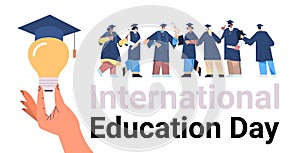 mix race graduated students standing together graduates celebrating academic diploma degree international education day