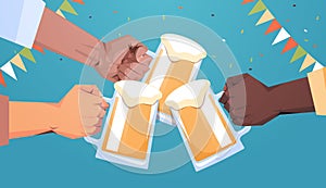 Mix race human hands clicking beer mugs Octoberfest party celebration festival concept