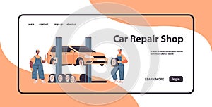 mix race mechanics working and fixing vehicle car service automobile repair and check up concept