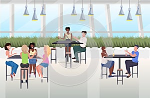 Mix race people drinking beverages friends sitting at cafe table spending time together modern restaurant interior flat