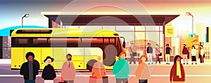 mix race people at public transport bus station comfortable moving concept horizontal sunset cityscape background