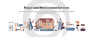 Mix race professional repairmen in uniform making house renovation home maintenance repair service concept