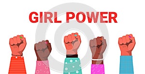 Mix race raised up women`s fists female empowerment movement girl power union of feminists concept