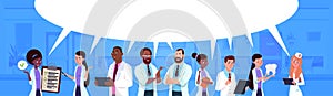 Mix Race Team Of Doctors Standing Over White Chat Bubble Background Medicine And Healthcare Concept