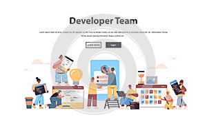 Mix race web developers team creating program code application development software programming concept