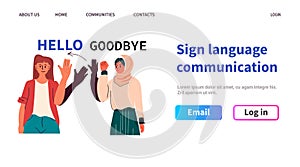 mix race women with hearing aid disabled girls using sign language showing hello and goodbye gestures hearing disability