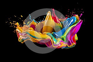 Mix rainbow liquid splashes. oil or ink splashing dynamic motion, design elements for advertising isolated on black background.