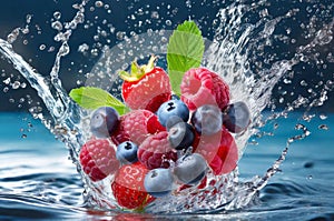 mix of red fruits falling into water, with splashes, freshness, Generated image