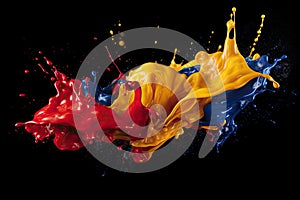 Mix red yellow blue liquid splashes. oil or ink splashing dynamic motion, design elements for advertising isolated on black