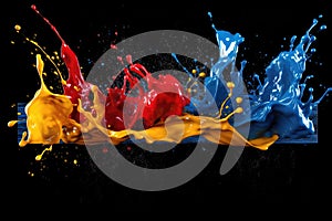 Mix red yellow blue liquid splashes. oil or ink splashing dynamic motion, design elements for advertising isolated on black