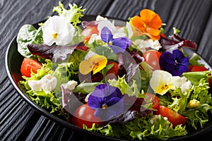 Mix salad from edible flowers with fresh lettuce, spinach, tomatoes and cheese close-up. horizontal