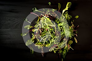 Mix salad leaves over dark wood plate, black background. Top view