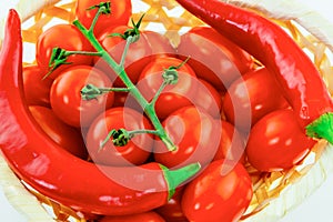 Mix set of vegetables juicy ripe cherry tomato peppers long curved pod close-up bright design