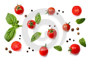 Mix of slice of tomato, basil leaf, garlic and spices isolated on white background. top view