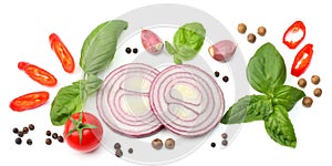 mix of slice of tomato, red onion, basil leaf, garlic and spices isolated on white background. top view