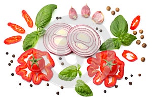 Mix of slice of tomato, red onion, basil leaf, garlic, sweet bell pepper and spices isolated on white background. top view