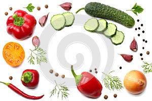 mix of sliced cucumber, garlic, sweet bell pepper and parsley isolated on white background. top view