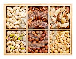 Mix of snack nuts, shelled nuts for snacking, in a wooden box