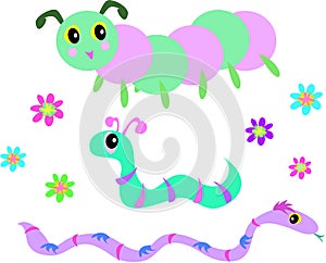 Mix of Snakes, Worm, Caterpillar, and Flowers