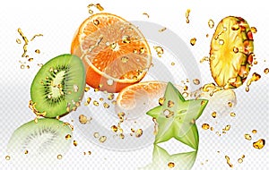 Mix splashes of juices Carambola, Orange, Pineapple, Kiwi