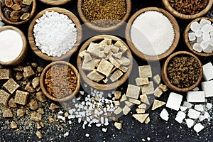 Mix of sugar varieties: unbleached, brown and white, refined and unrefined