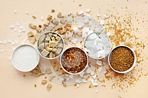 Mix of sugar varieties: unbleached, brown and white, refined and unrefined