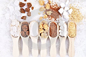 Mix of sugar varieties: unbleached, brown and white, refined and unrefined, granulated and cubes