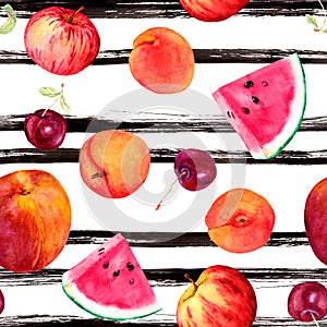 Mix of summer fruits and berries. Seamless fruit pattern with ink lines. Watercolor