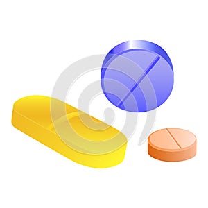 Mix of three different types of multicolored tablets, yellow, blue, orange, round and oval on white background