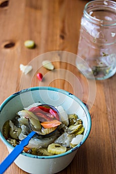 Mix of Turkish Pickles with green tomatoes, red pepper, cucumber and carrot.