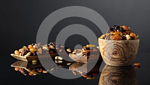 Mix of various nuts and raisins on a black reflective background