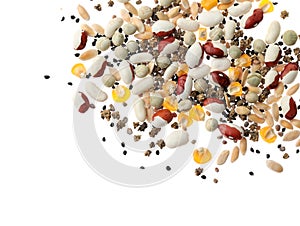 Mix of vegetable seeds on white background