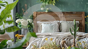 A mix of weathered wood headboards of different shapes and sizes create a unique and eclectic look in the bedroom. The