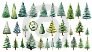 Mixed abstract christmas trees isolated on white watercolor style