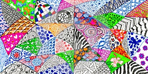 Mixed abstract graphic pattern of free hand drawn, colorful with black and white geometric sketching line, illustration on white