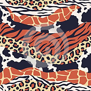 Mixed animal skin print. Safari textures mix, leopard, zebra and tiger skins patterns. Luxury animals texture seamless