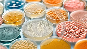 Mixed of bacteria colonies in various petri dish. Growing cultures of microorganisms, fungi or microbes. Generative AI.