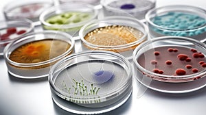 Mixed of bacteria colonies in various petri dish. Growing cultures of microorganisms, fungi or microbes. Generative AI.