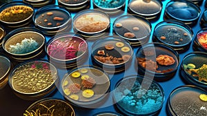 Mixed of bacteria colonies in various petri dish. Growing cultures of microorganisms, fungi or microbes. Generative AI.