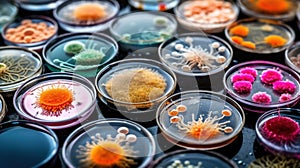 Mixed of bacteria colonies in various petri dish. Growing cultures of microorganisms, fungi or microbes. Generative AI.