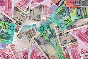 Mixed banknotes, Australia, China, Japan and Canada