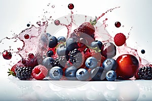 Mixed berries, blueberries, and a glass of water being splashed