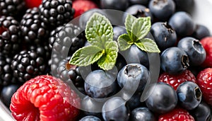 Mixed berries close-up fresh fruit healthy food snack antioxidant rich Generative AI photo