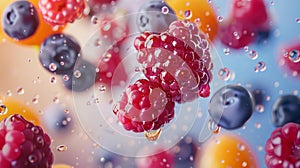 Mixed berries fly towards the camera in slow motion, splashing water and juice. Brightly colored background.