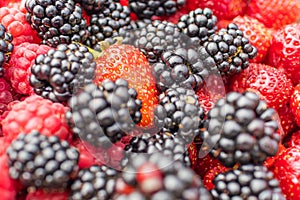 Mixed berries of raspberries, strawberries, blackberries close-up.