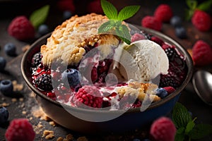 Mixed berry cobbler colorful food photography close up shot image generative AI