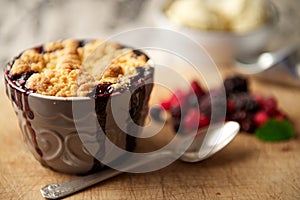 Mixed Berry Crumble Dessert with Ice-Cream in the Background